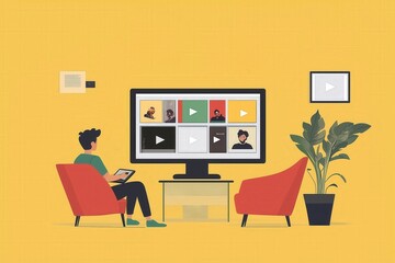 Fototapeta premium On-demand video selection, user browsing content, flat design illustration, No logo, No Trademark, No text, minimal concept with copy space for stock photo