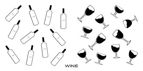Abstract illustration of wine bottles and glasses showcasing a playful design with contrasting colors and shapes for beverage enthusiasts