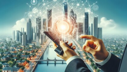 Digital wallet icon surrounded by a network of interconnected devices, illustrating the seamless integration across platforms, Wallet icon network devices, Connected finance,generative Ai