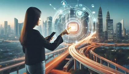 Digital wallet icon surrounded by a network of interconnected devices, illustrating the seamless integration across platforms, Wallet icon network devices, Connected finance,generative Ai