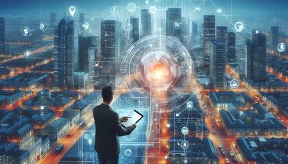 Digital wallet icon surrounded by a network of interconnected devices, illustrating the seamless integration across platforms, Wallet icon network devices, Connected finance,generative Ai