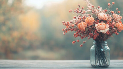 The most beautiful autumn bouquet standing in a glass jar on the table