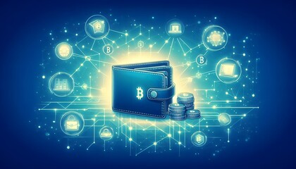 Digital wallet icon surrounded by a network of interconnected devices, illustrating the seamless integration across platforms, Wallet icon network devices, Connected finance,generative Ai
