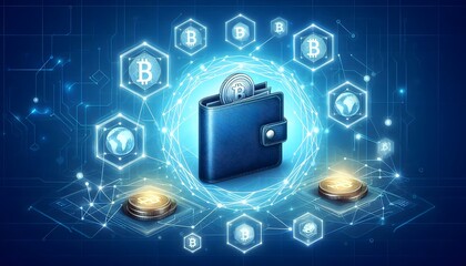 Digital wallet icon surrounded by a network of interconnected devices, illustrating the seamless integration across platforms, Wallet icon network devices, Connected finance,generative Ai