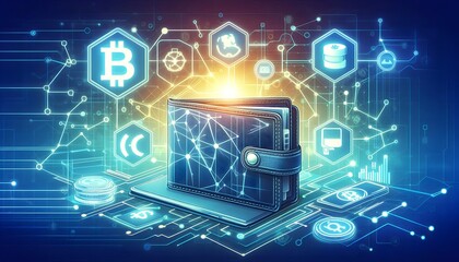 Digital wallet icon surrounded by a network of interconnected devices, illustrating the seamless integration across platforms, Wallet icon network devices, Connected finance,generative Ai
