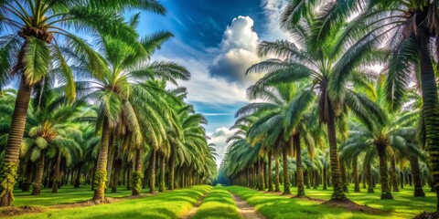 Fototapeta premium Rows of lush green oil palm trees stretch towards the sky, their trunks perfectly aligned and spaced, filling the landscape with vibrant tropical foliage.