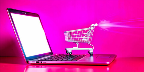 Laptop with Holographic Shopping Cart concept as Vertical shot of a laptop standing open on a white background with a glowing holographic shopping cart floating above the keyboard offering a tech focu