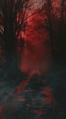 a foglined road, in the style of blurry details, wimmelbilder, in the style of creepypasta