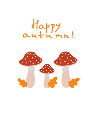 Happy autumn celebration featuring cheerful mushrooms and orange leaves in a whimsical design capturing the essence of the season