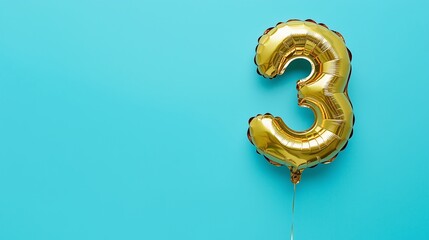 Gold balloon number 3 with copy space, third years anniversary on blue background. Party, birthday, celebration and wedding banner