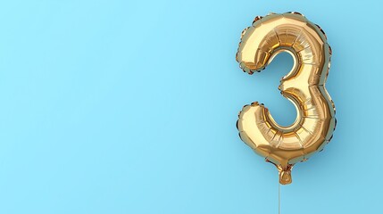 Gold balloon number 3 with copy space, third years anniversary on blue background. Party, birthday, celebration and wedding banner
