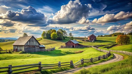 Rustic farm landscape with rolling hills, wooden fences, and scattered farmhouses outlined against a serene blue sky with fluffy white clouds.