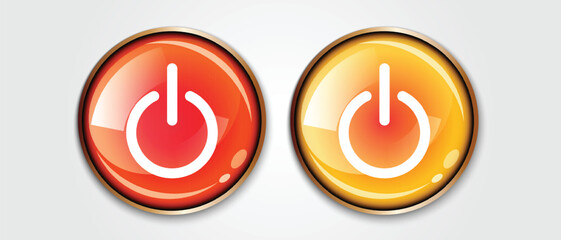 set of realistic red yellow glossy circle power button vector illustration.