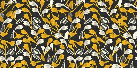 Modern printed fabric flower block print pattern with linen texture effect. Stylized boho dark floral for chic fashion background motif border design.