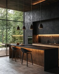 Visualize a sleek and modern kitchen interior with a minimalist design, highlighting a simple kitchen island with smooth, clean surfaces. The scene should be illuminated by natural light from large