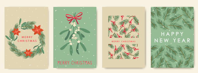 Merry Christmas and Happy New Year greeting cards set, poinsettia wreath with mistletoe and fir branches. Winter vector illustration.