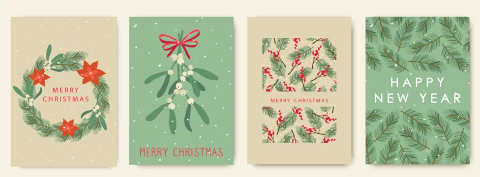 Merry Christmas and Happy New Year greeting cards set, poinsettia wreath with mistletoe and fir branches. Winter vector illustration.