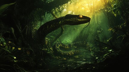 Giant Serpent Emerging in Dark Jungle - A massive snake emerges from the shadows of a dense jungle, with its glowing eye piercing through the green twilight, exuding mystery and danger.