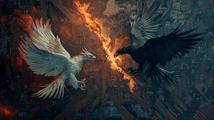 A dramatic visual of white and black eagles clashing over a circuit board, symbolizing the tech conflict between global powers.