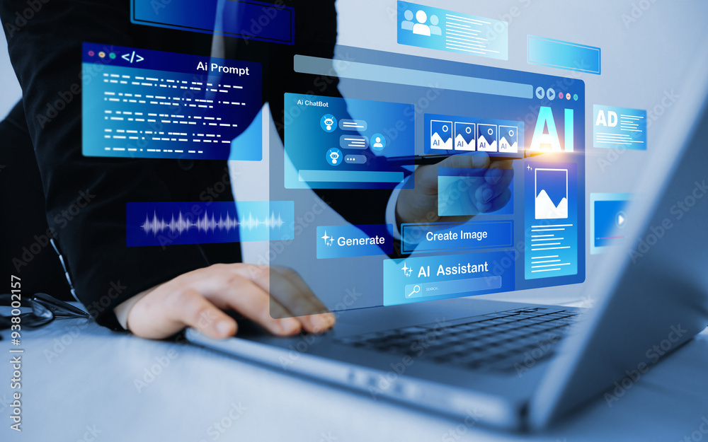 Fototapete Interaction with the Ai assistant to solve some tasks more easily. Image generator, documents, marketing and advertising, bot writing and coding.Person using laptop with Ai Content Generator. 
