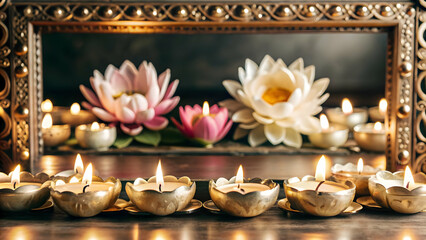 Lotus and Diya Border Frame concept as Horizontal frame with lotus flowers and lit diyas arranged along the edges creating a serene and elegant Dussehra themed copy space with a focus on purity and li