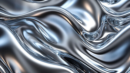 A close-up view of shiny metallic waves flowing over each other, capturing reflections and light in intricate patterns. Abstract silver background.