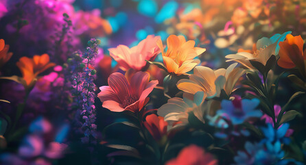 Morning Beauty - Blue and Pink colorful Flowers with Dew Drops