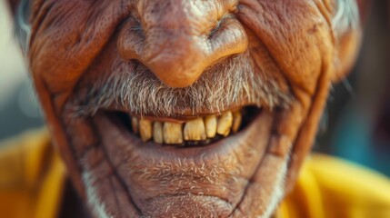Close-up portrait of an elderly man's smiling face, revealing his yellow teeth and mustache.