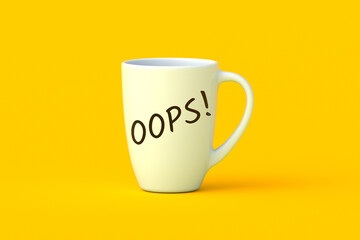 OPPS inscription on white cup. Apologies concept. Website error. Mistake or accident. Technical problem. Page failure. Warning expression. 3d render