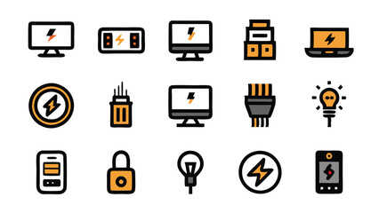 Set of linear web icons related to electricity, computers, and technology.