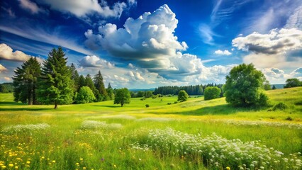 Obraz premium Serene and vast, a lush green meadow stretches towards the horizon, dotted with wildflowers and trees under a bright blue sky with fluffy clouds.