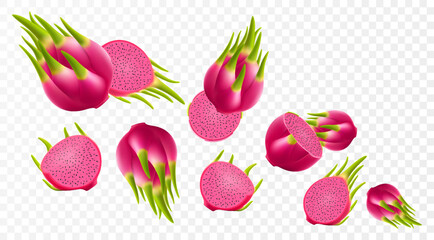 Flying ripe red dragon fruit. Bright background falling juicy fruit pitahaya, realistic illustration with blurred effect. 3d vector design for advertising banners and web page design