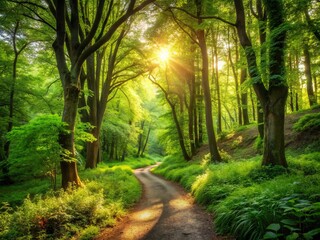Fototapeta premium Serene forest trail beckons with lush green foliage, dappled sunlight, and a winding path, inviting solitude and promoting a peaceful state of mind.