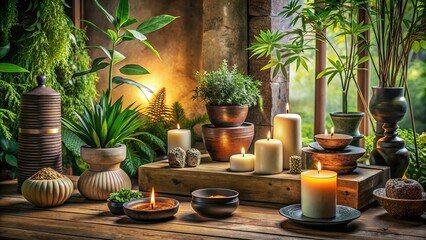 Fototapeta premium Serenely balanced space with plants, candles, and natural elements promoting harmony, relaxation, and wellness, exemplifying the principles of ancient Chinese feng shui philosophy.