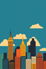 Obraz premium Colorful skyline illustration featuring iconic skyscrapers and a bright blue sky with clouds, perfect for urban design projects.