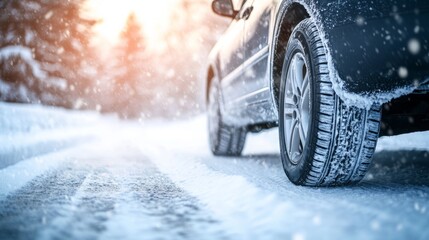 Winter Grip: Close-Up of a Car Tire on a Snowy Road, Demonstrating the Importance of Winter Tires and Traction in Cold Weather Conditions.