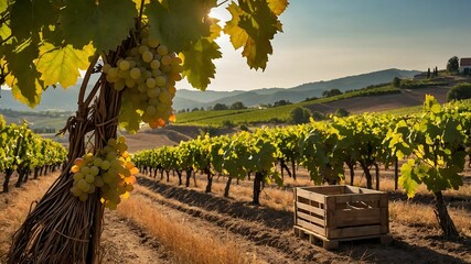 Harvested Grapes in a Wooden Crate Among Vineyard Rows on a Sunny Day