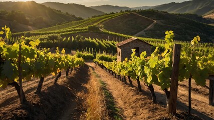 Harvested Grapes in a Wooden Crate Among Vineyard Rows on a Sunny Day