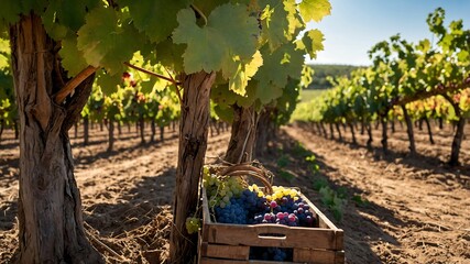 Harvested Grapes in a Wooden Crate Among Vineyard Rows on a Sunny Day