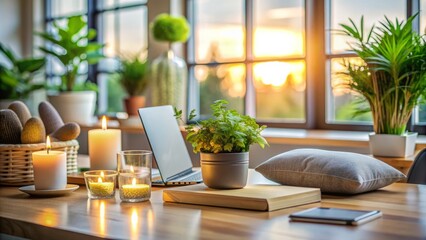 Fototapeta premium Serenely lit office desk with candles, plants, and a meditation cushion, creating a peaceful atmosphere for mindfulness and focus amidst a busy work environment.