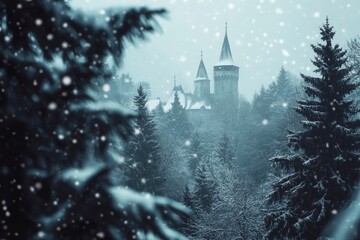 Dark creepy spooky nature, winter season pine trees and snowy landscape. Castle spire behind coniferous trees branches. Wintery cold weather wallpaper , ai