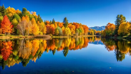 Serenely still morning reflections on the calm waters of Madison Lakes, surrounded by lush greenery and vibrant autumn foliage under a clear blue sky.