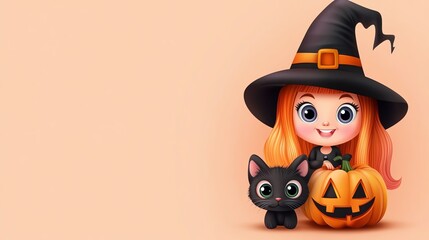 A cheerful girl in a witch hat with a black cat and a carved pumpkin, perfect for Halloween-themed designs.
