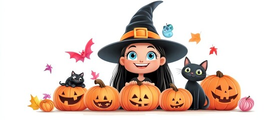 A cheerful girl in a witch costume surrounded by playful black cats and carved pumpkins, celebrating the Halloween spirit.