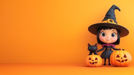 A cheerful young witch poses with a black cat and pumpkins on a vibrant orange background, perfect for Halloween-themed designs.