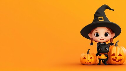 A cheerful witch character with a black cat and pumpkins, set against a vibrant orange background, perfect for Halloween themes.