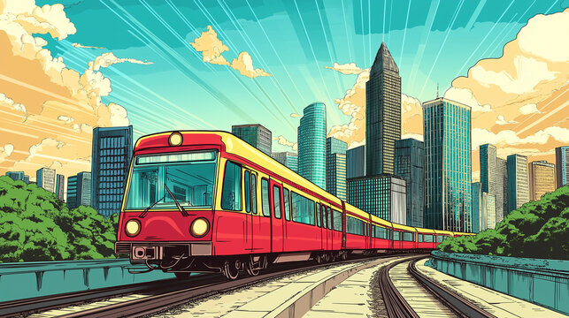 Pop art concept train that provides transportation within the city. City background in pop art retro comic style.