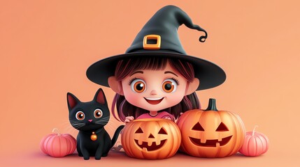 A cheerful child dressed as a witch, surrounded by pumpkins and a black cat, celebrating Halloween with joy and creativity.