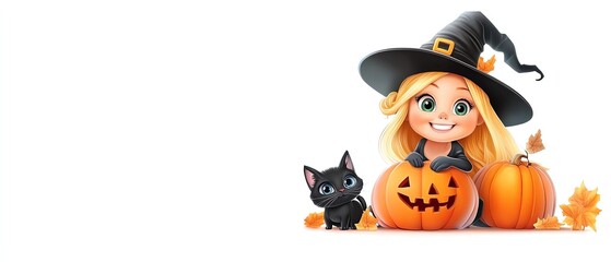 A cheerful girl in a witch hat, surrounded by pumpkins and a black cat, perfect for Halloween-themed designs and celebrations.