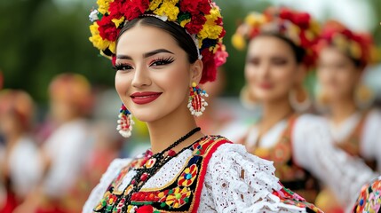 Fototapeta premium A vibrant celebration of tradition with a smiling woman in colorful attire, adorned with floral headpiece and intricate jewelry.